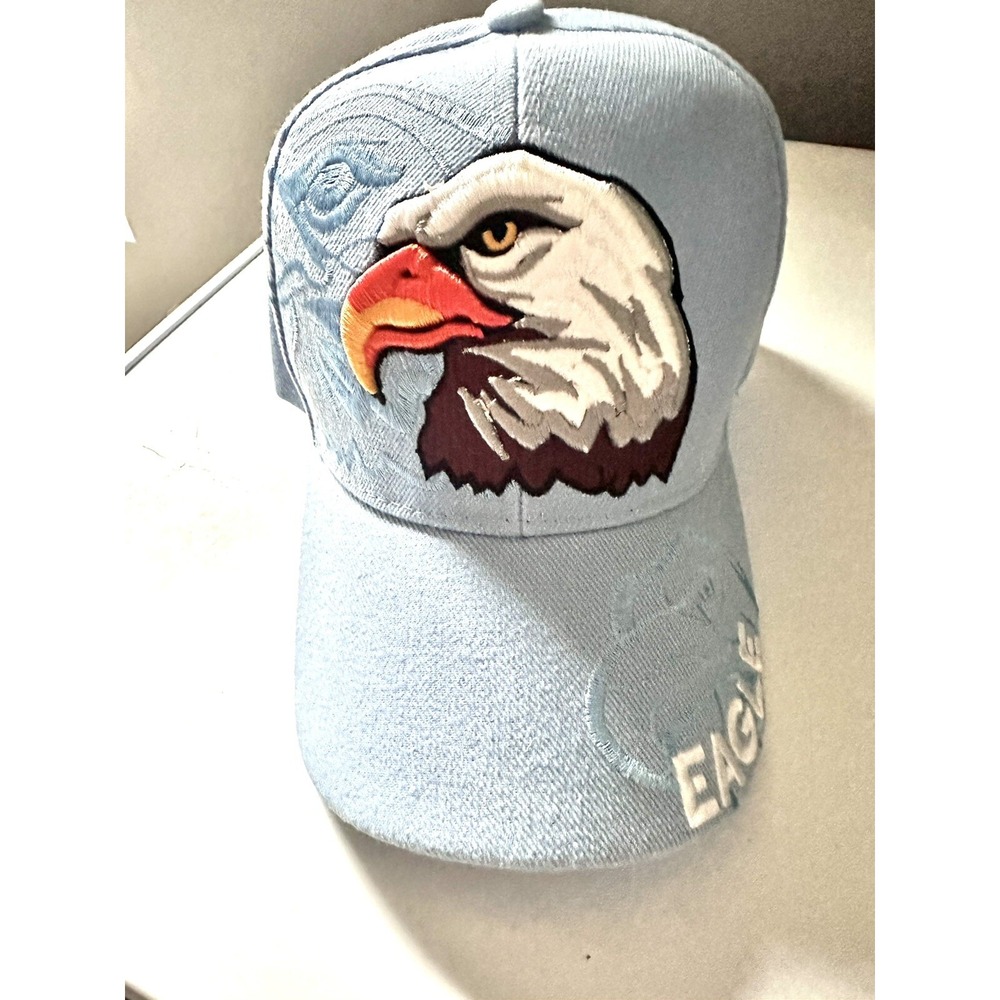 Bald Eagle Thick Embroidered Design Baseball‎ Light Blue Hat Curved Brim